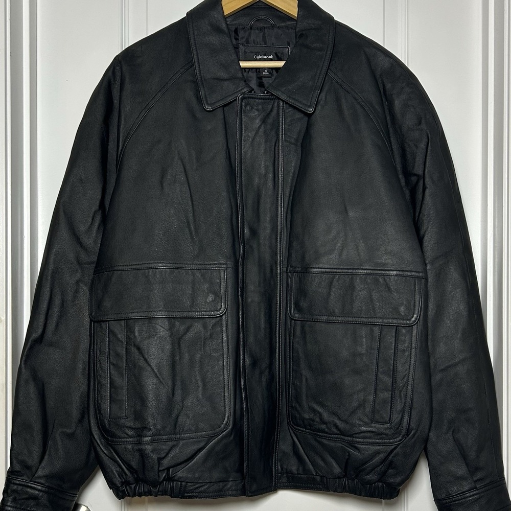 Colebrook Vintage 90s Genuine Leather Black Collared Full Zip Bomber Jacket